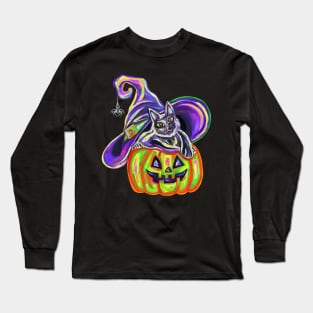 Ghoulish Halloween Witch Cat Long Sleeve T-Shirt